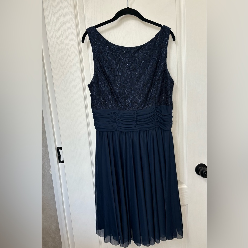 Jessica Howard Womens Dress Size 16 Navy Shimmer Lace Bodice Ruched Waist